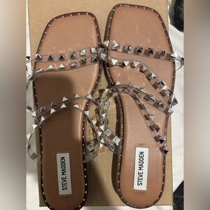 Steve Madden Clear Pyramid-Stud Sandals with Tan Footbed